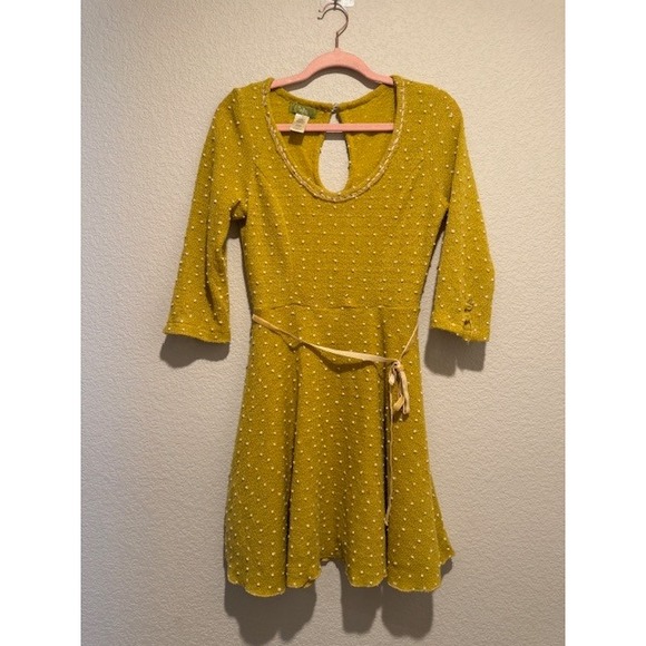 Pulp Anthropology Mustard Yellow Polka Dot Knit Dress Belted Fit Flare S - Picture 1 of 9